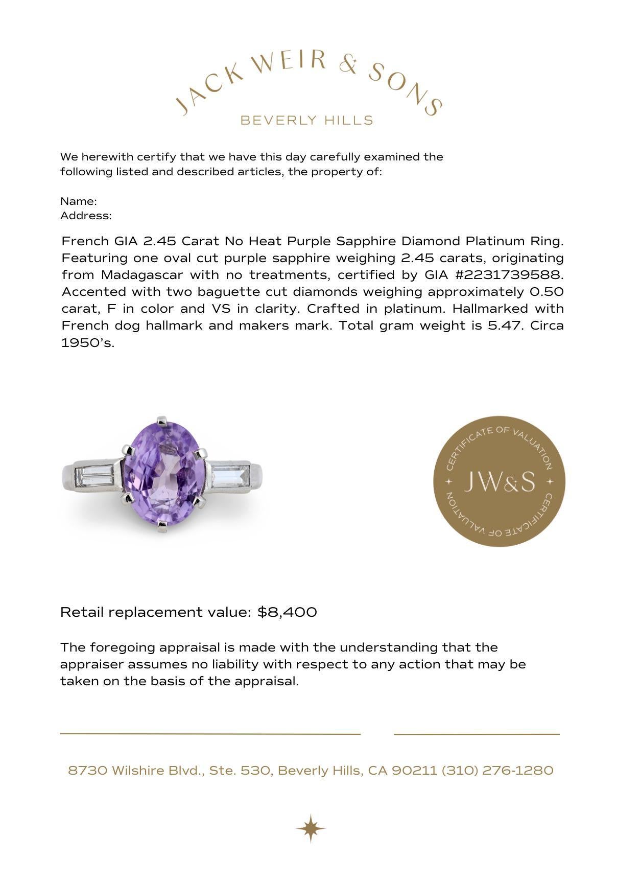 Bague en platine GIA 2.45 carats saphir violet diamant sans chaleur en vente 1