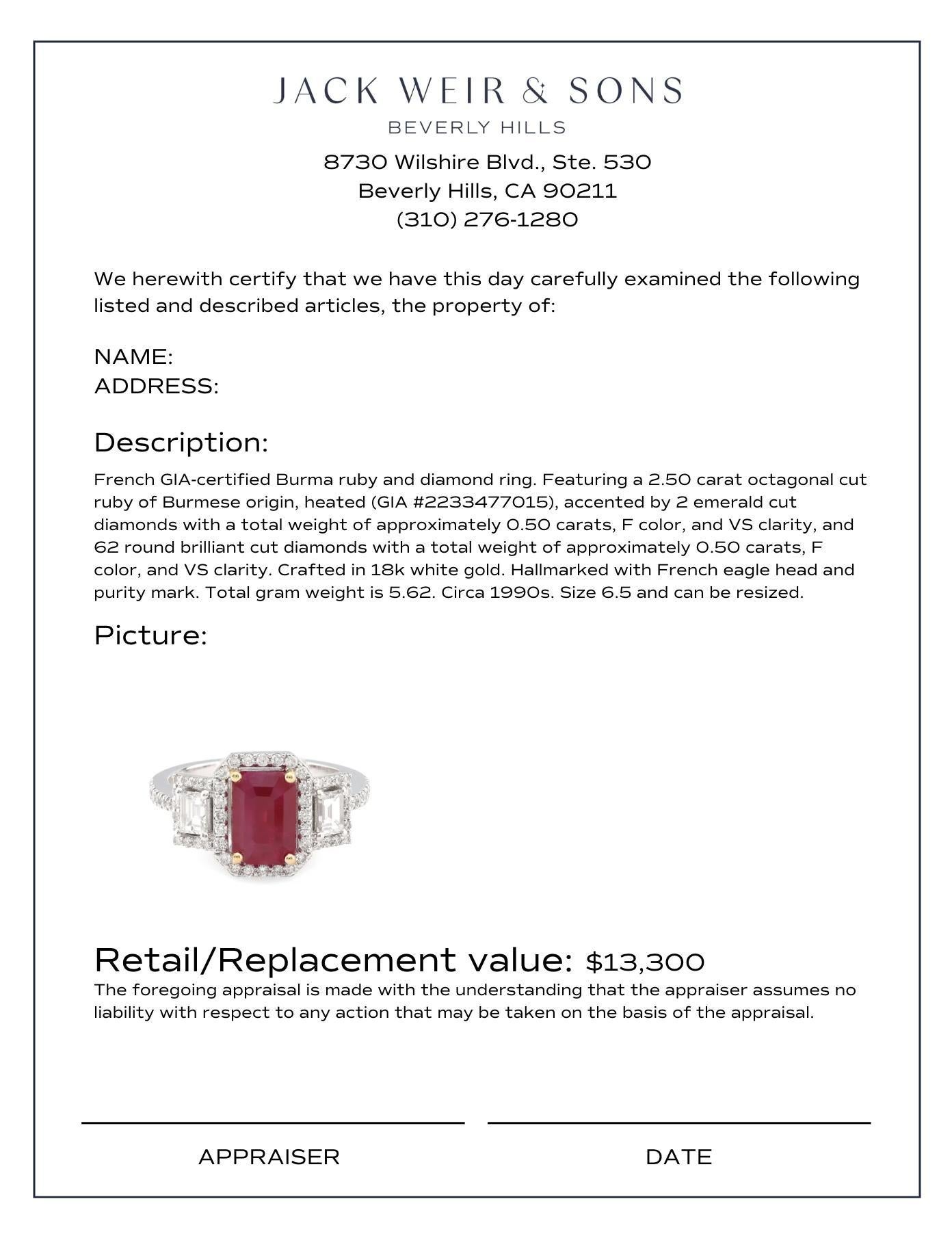 Femenino o masculino Anillo de oro blanco de 18 quilates con diamante rubí de Birmania francés GIA de 2,50 quilates