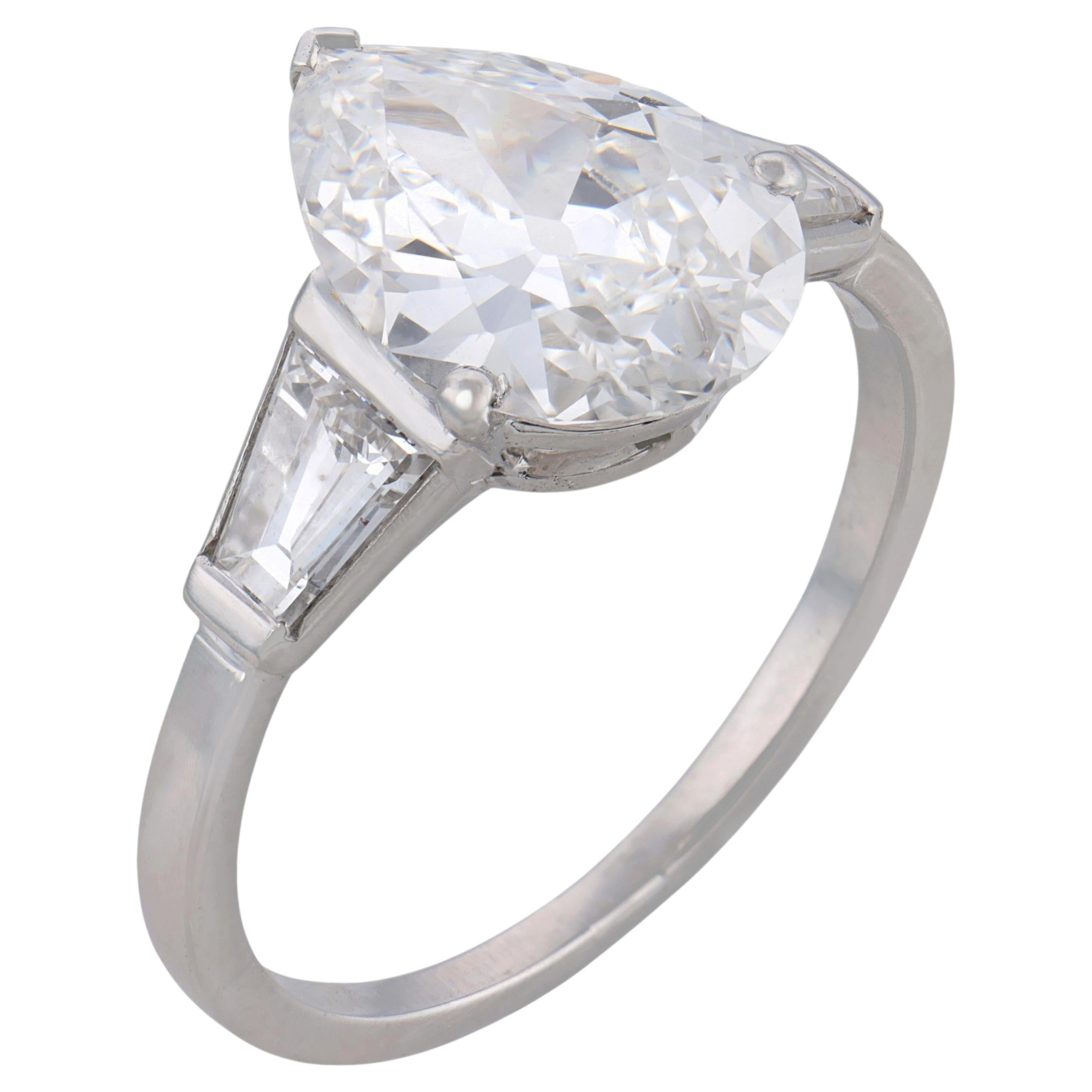 French GIA 2.55 carat antique pear shape diamond platinum engagement ring