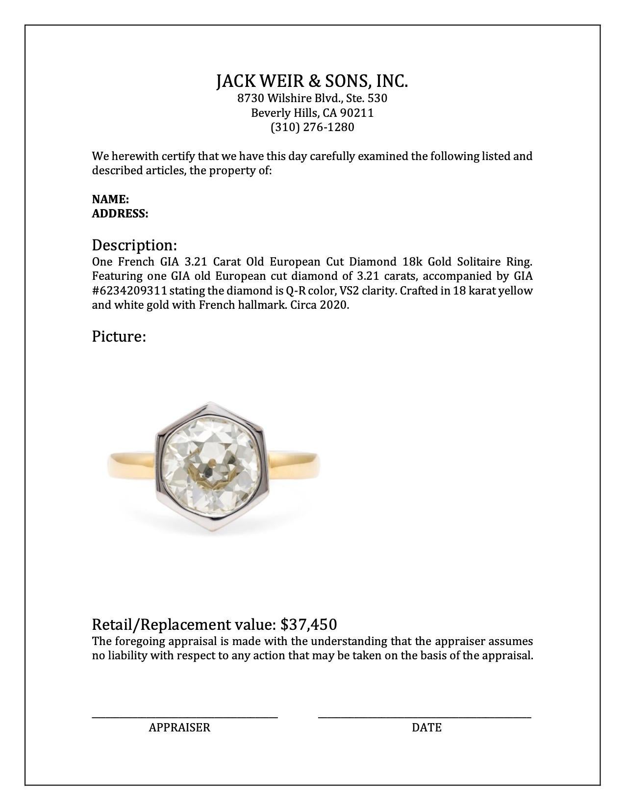Bague solitaire en or 18 carats GIA 3,21 carats diamant taille européenne ancienne Excellent état - En vente à Beverly Hills, CA