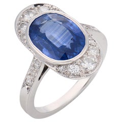 French GIA 3.40 carat Ceylon sapphire diamond 18k white gold cocktail ring