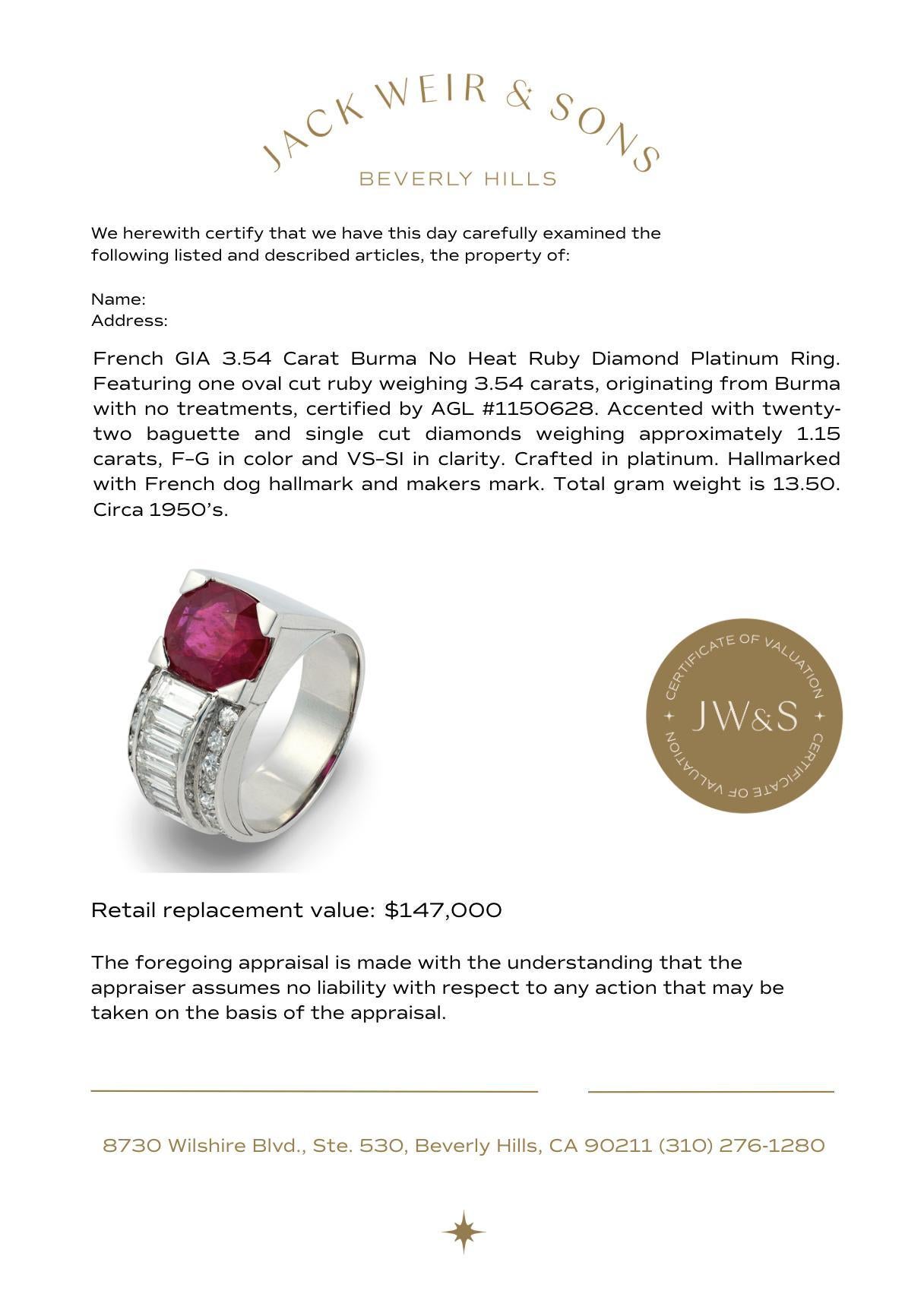 French GIA 3.54 carat Burma no heat ruby diamond platinum ring im Angebot 1