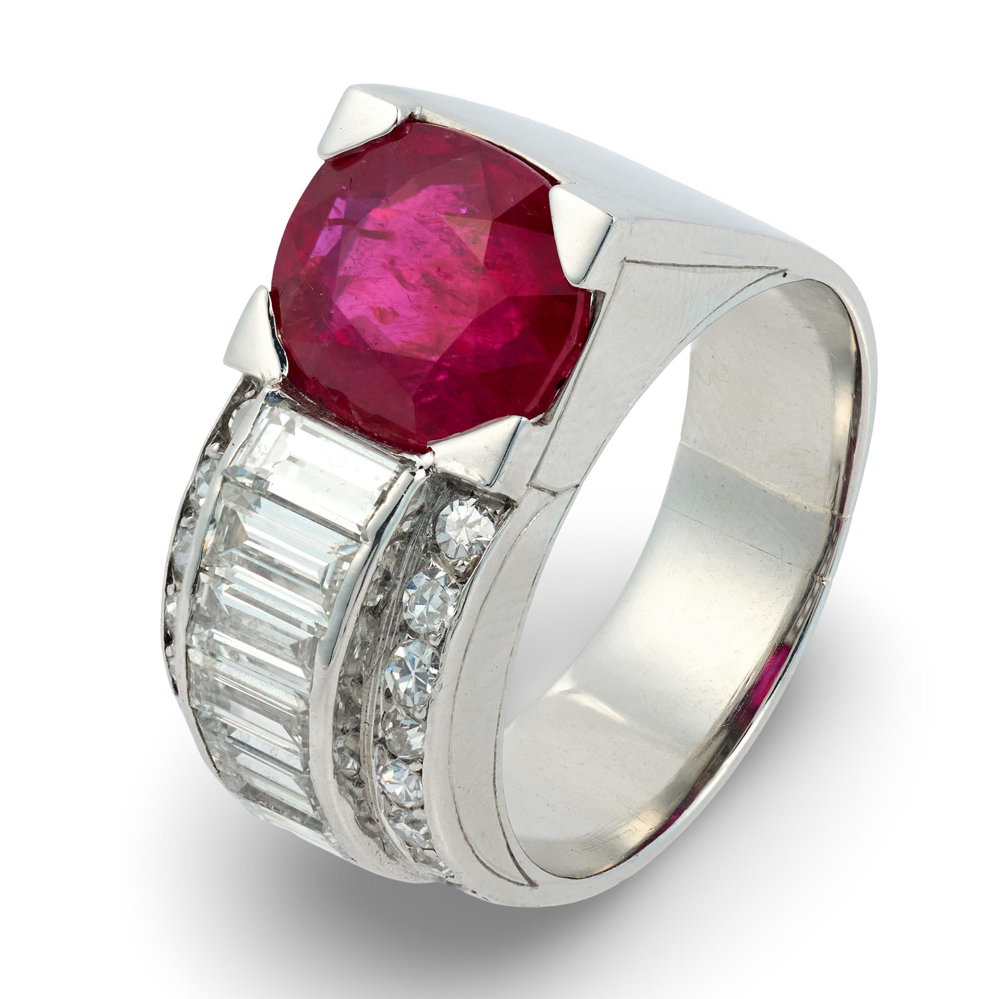 French GIA 3.54 carat Burma no heat ruby diamond platinum ring im Angebot 2