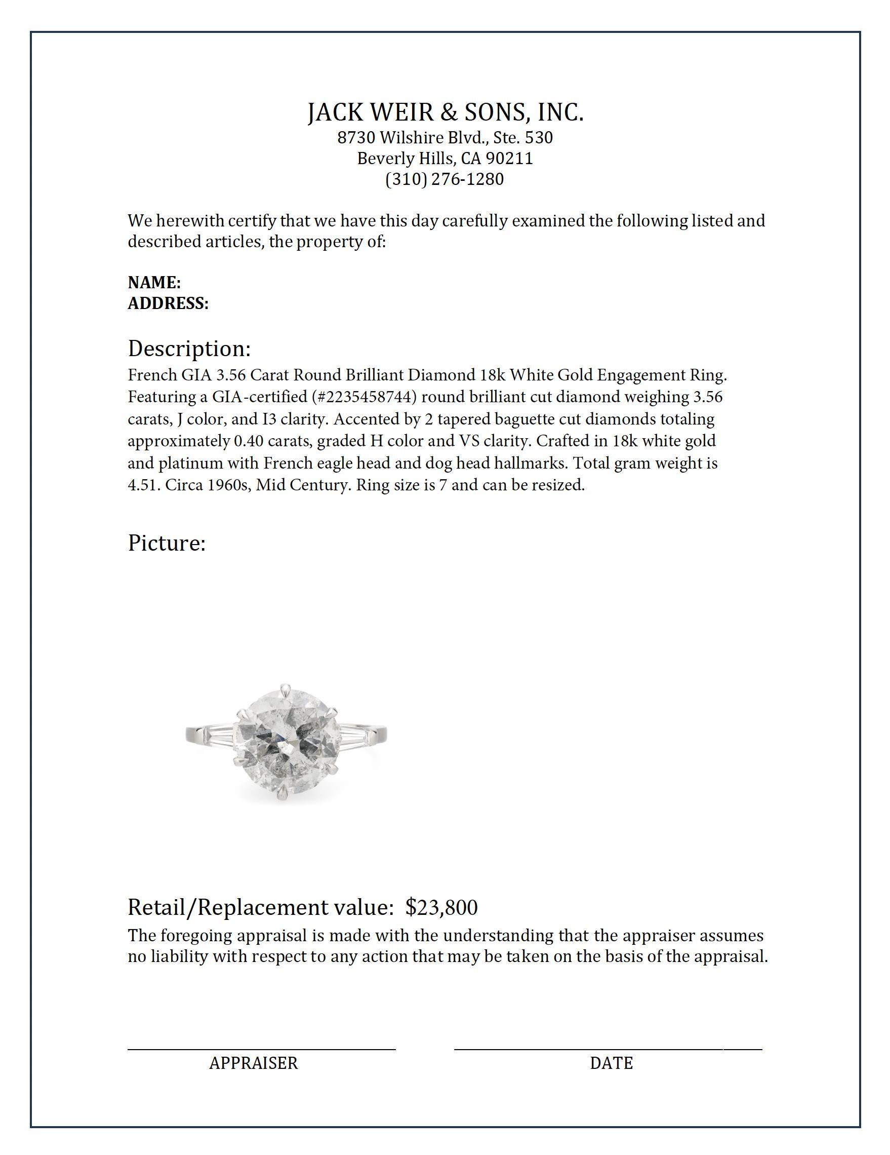 French GIA 3.56 carat round brilliant diamond 18k white gold engagement ring In Excellent Condition In Beverly Hills, CA