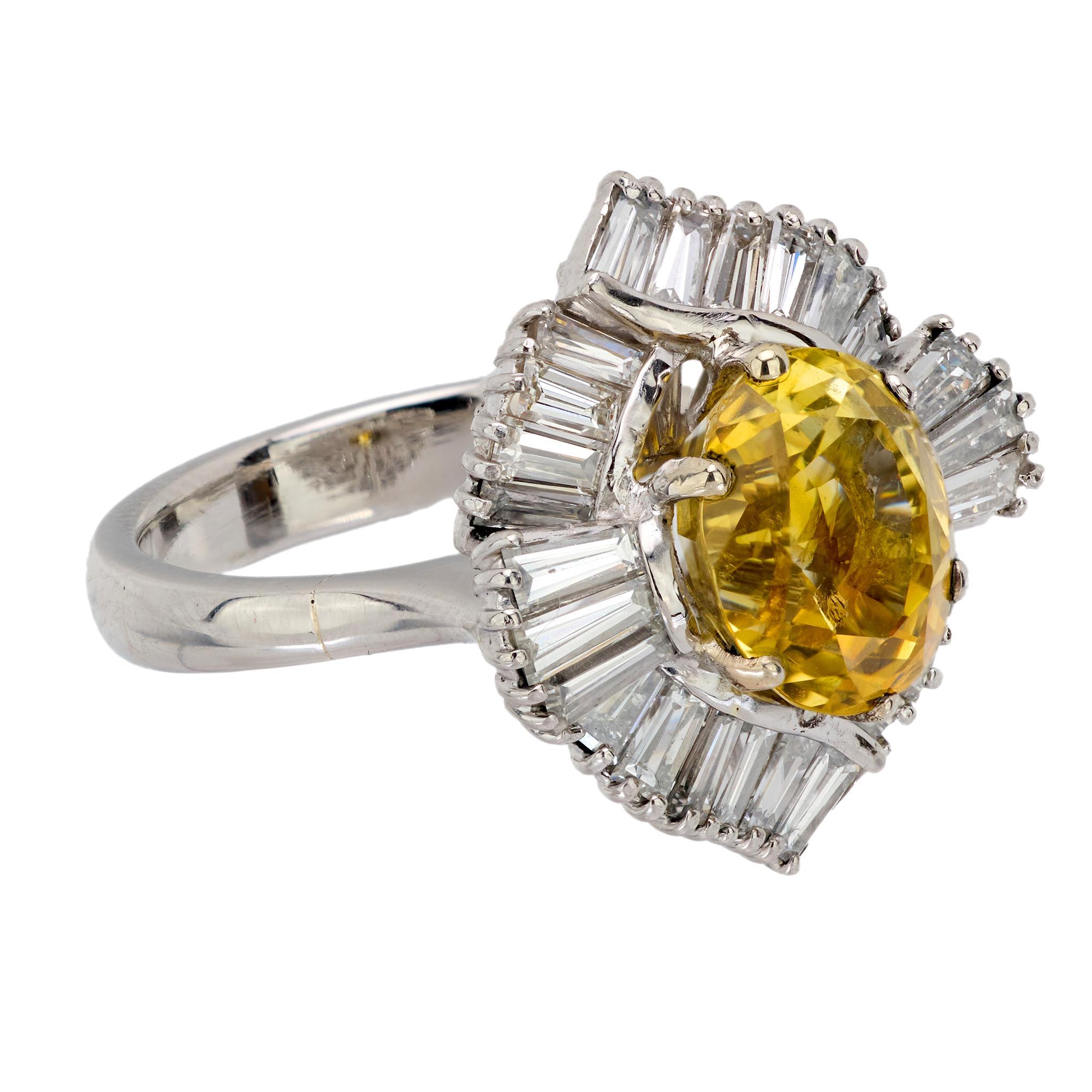 Modern French GIA 3.65 carat Ceylon yellow sapphire diamond 18k gold ballerina ring