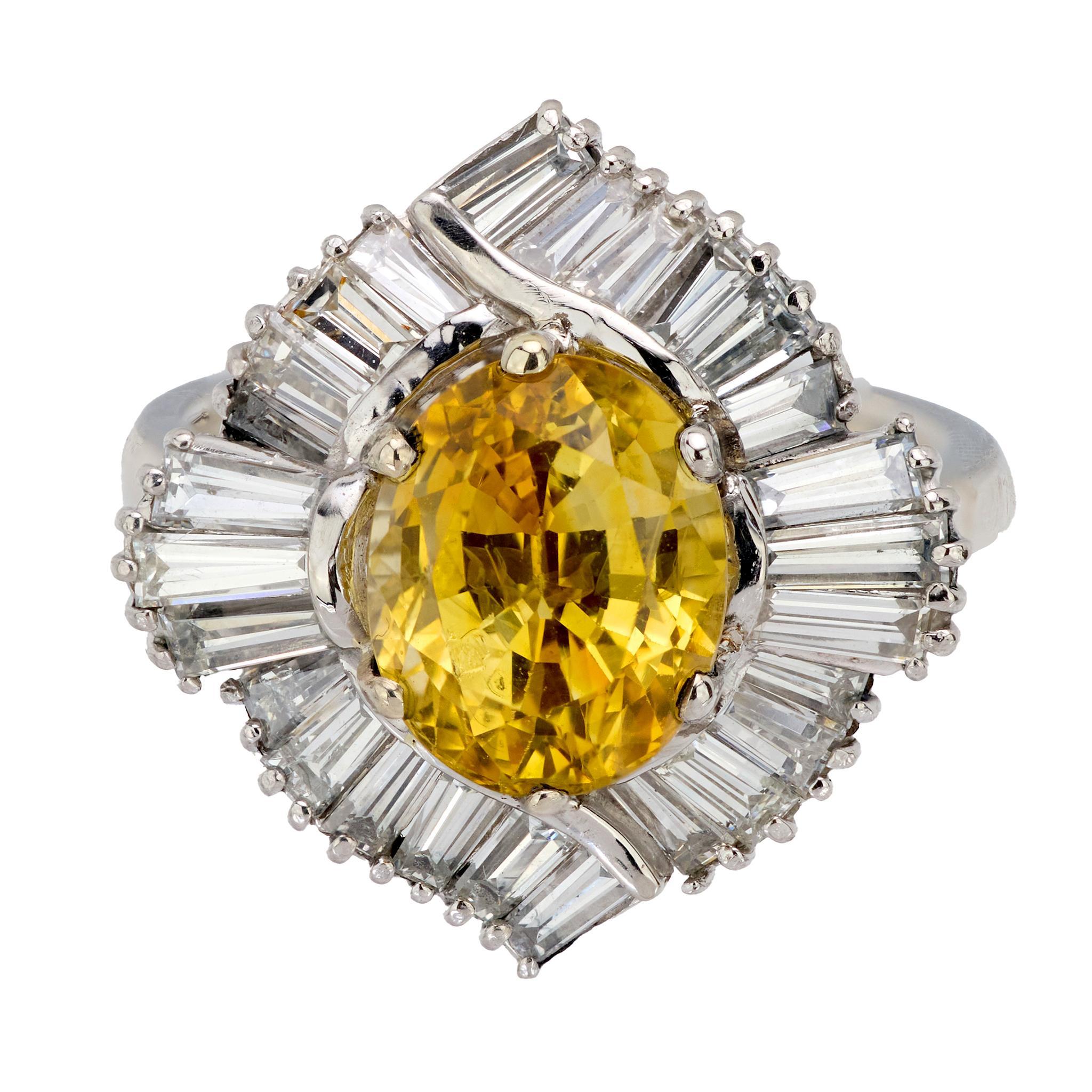 Oval Cut French GIA 3.65 carat Ceylon yellow sapphire diamond 18k gold ballerina ring