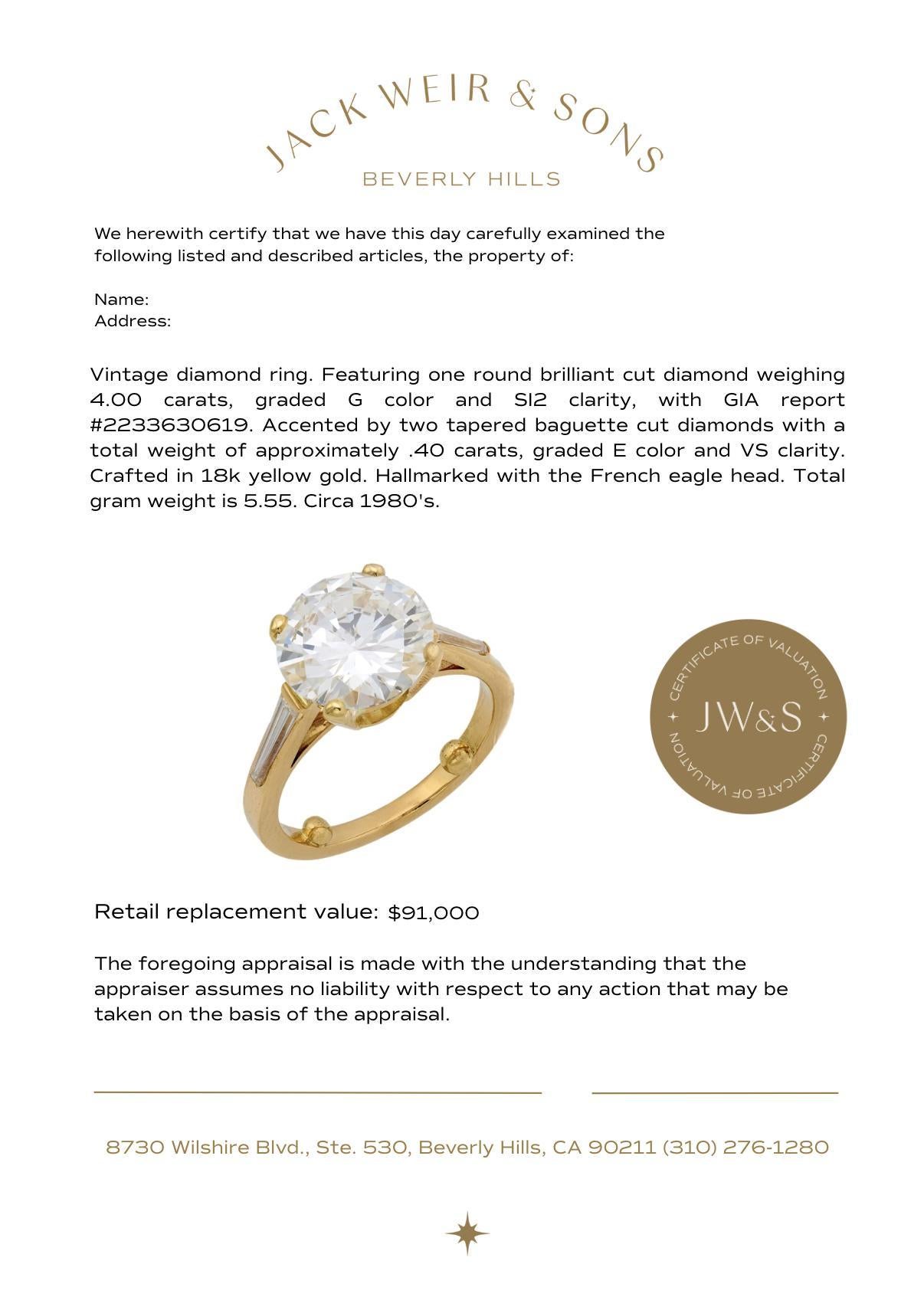 Bague de fiançailles en or jaune 18k avec un diamant français GIA de 4,00 carats en vente 2