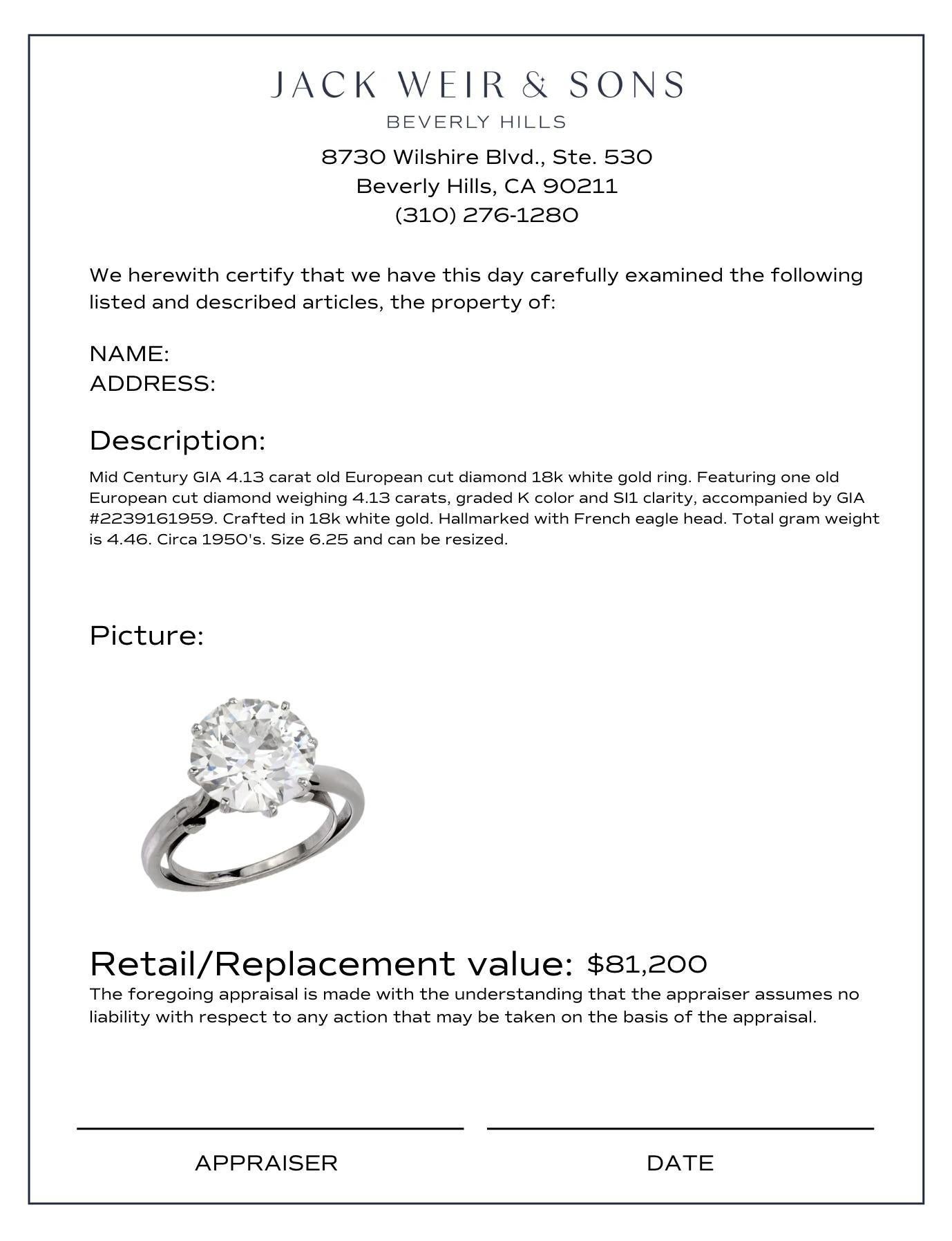 Verlobungsring aus 18 Karat Weißgold mit GIA 4,13 Karat Diamant im alten europäischen Schliff und Diamantschliff im Angebot 1