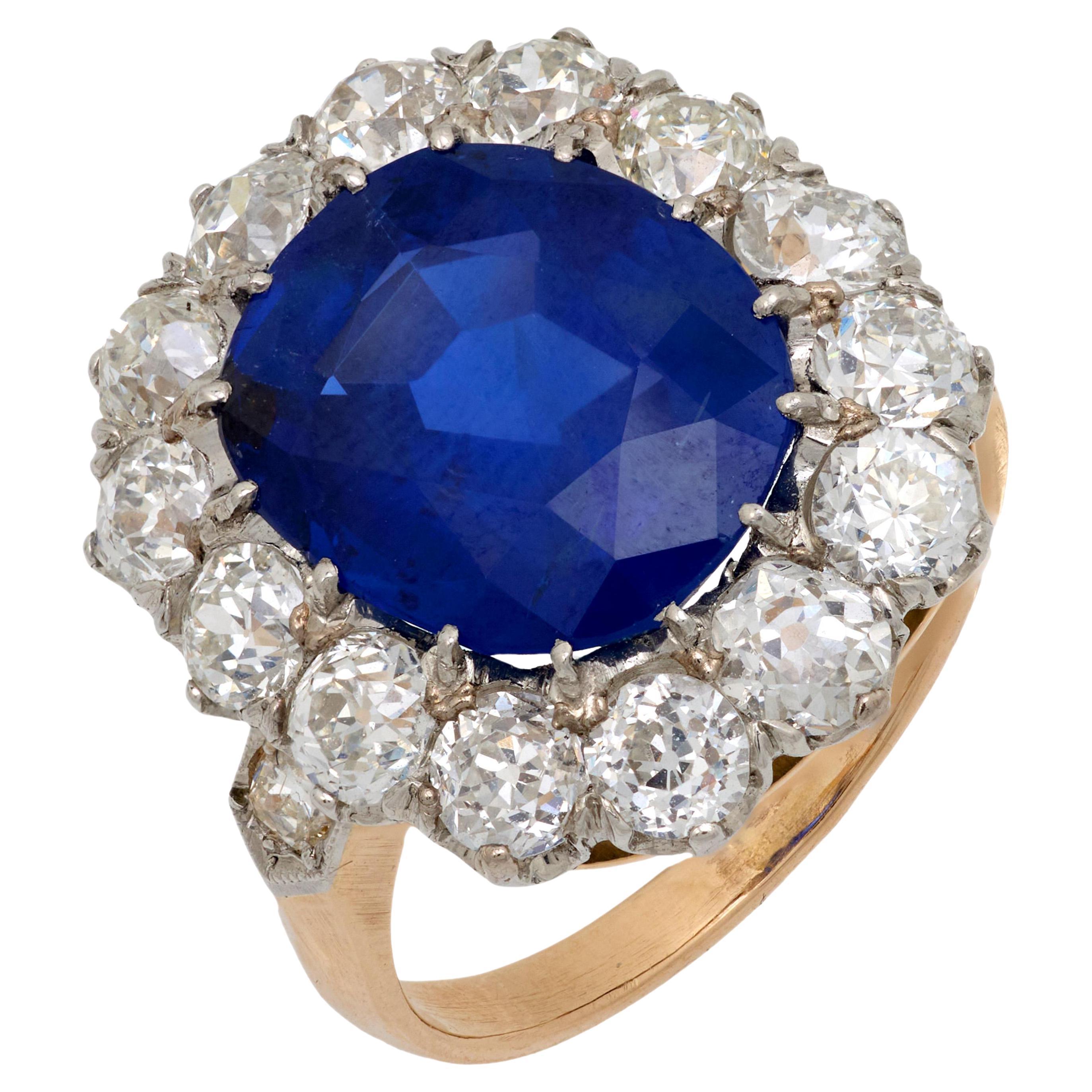 French GIA 6.44 carat no heat sapphire diamond 18k cluster ring