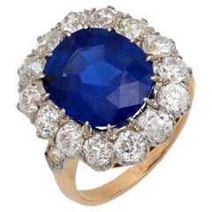 French GIA 6.44 carat no heat sapphire diamond 18k cluster ring