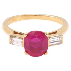 French GIA Burma No Heat Ruby Diamond Yellow Gold Three Stone Ring
