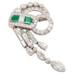 French GIA Certified No Oil Colombian Emerald Platinum Diamond Brooch