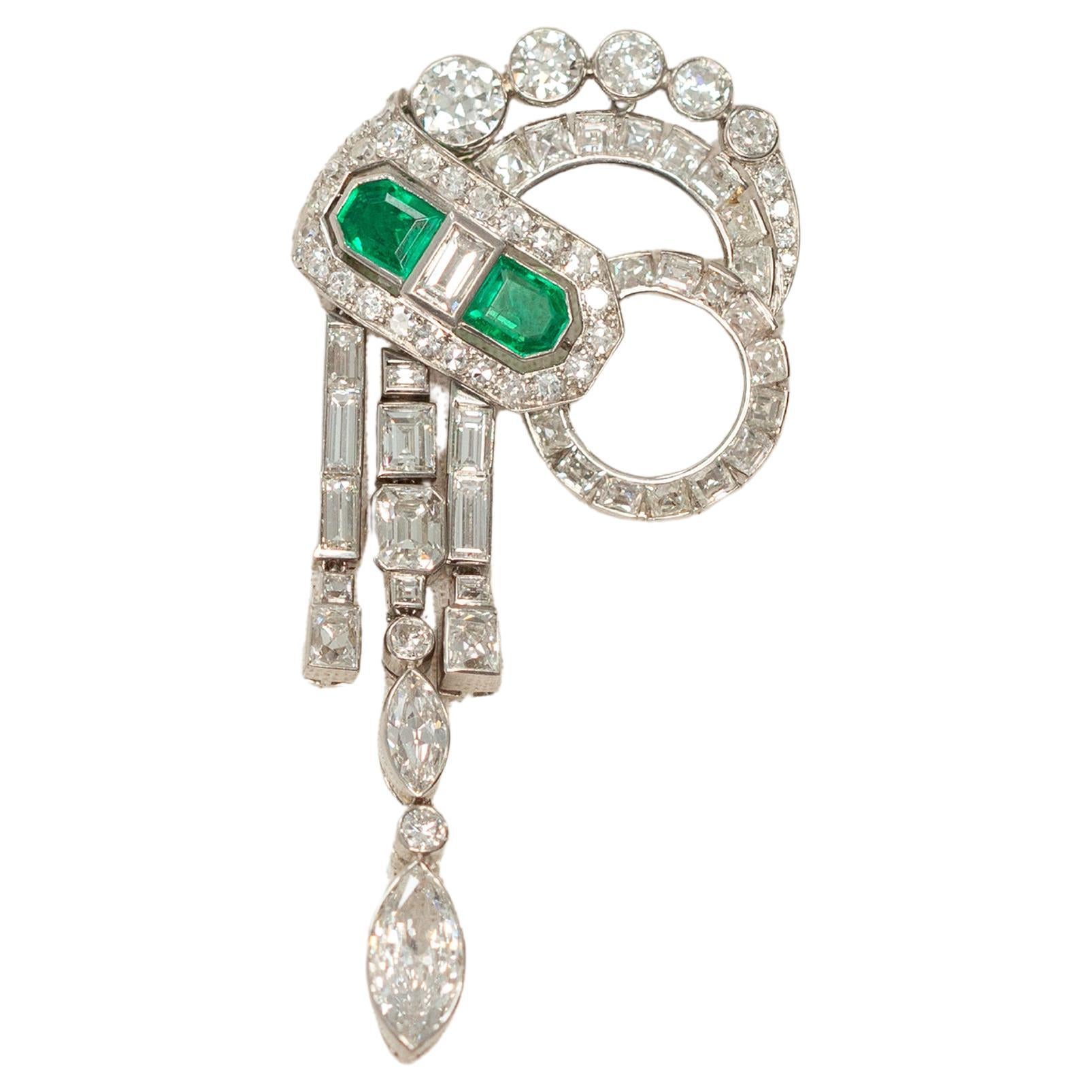 Broche en Emeraude Colombienne Certifiée GIA No Oil Platine Diamant