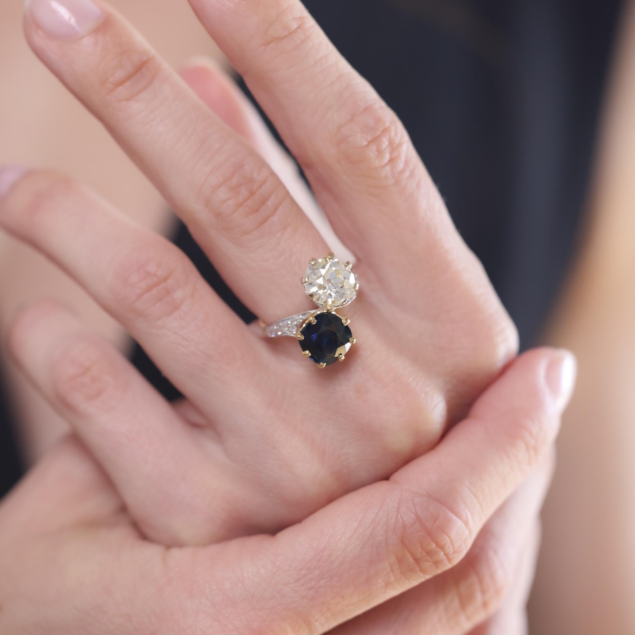 Anillo toi et moi francés GIA diamante zafiro no heat oro amarillo 18k Corte europeo antiguo en venta