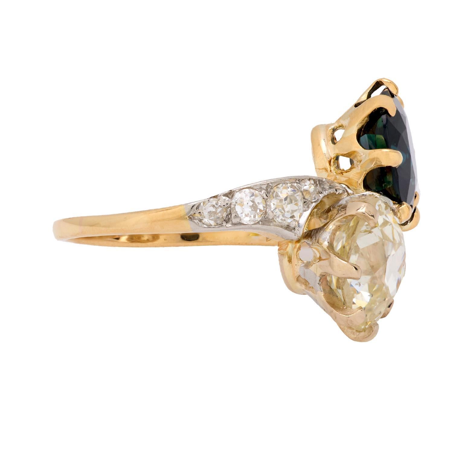Anillo toi et moi francés GIA diamante zafiro no heat oro amarillo 18k en Bueno estado para la venta en Beverly Hills, CA
