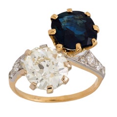 Antique French GIA diamond no heat sapphire 18k yellow gold toi et moi ring
