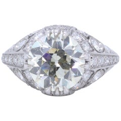 French GIA Old European Cut 3.09 Carat Diamond Platinum Filigree Ring