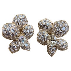French GIA Pavé Diamond Asymmetrical Flower Earrings in 18k Yellow Gold