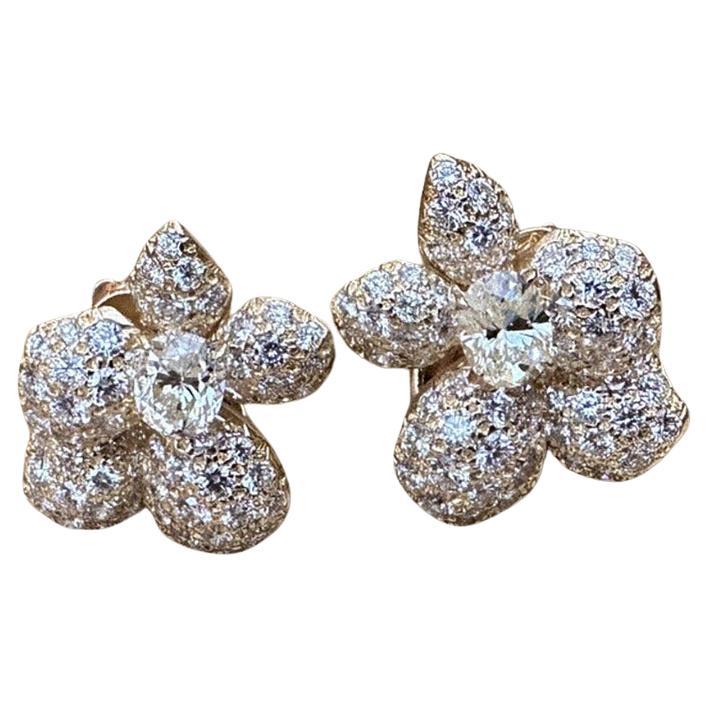 Oval Cut French GIA Pavé Diamond Asymmetrical Flower Earrings in 18k Yellow Gold For Sale