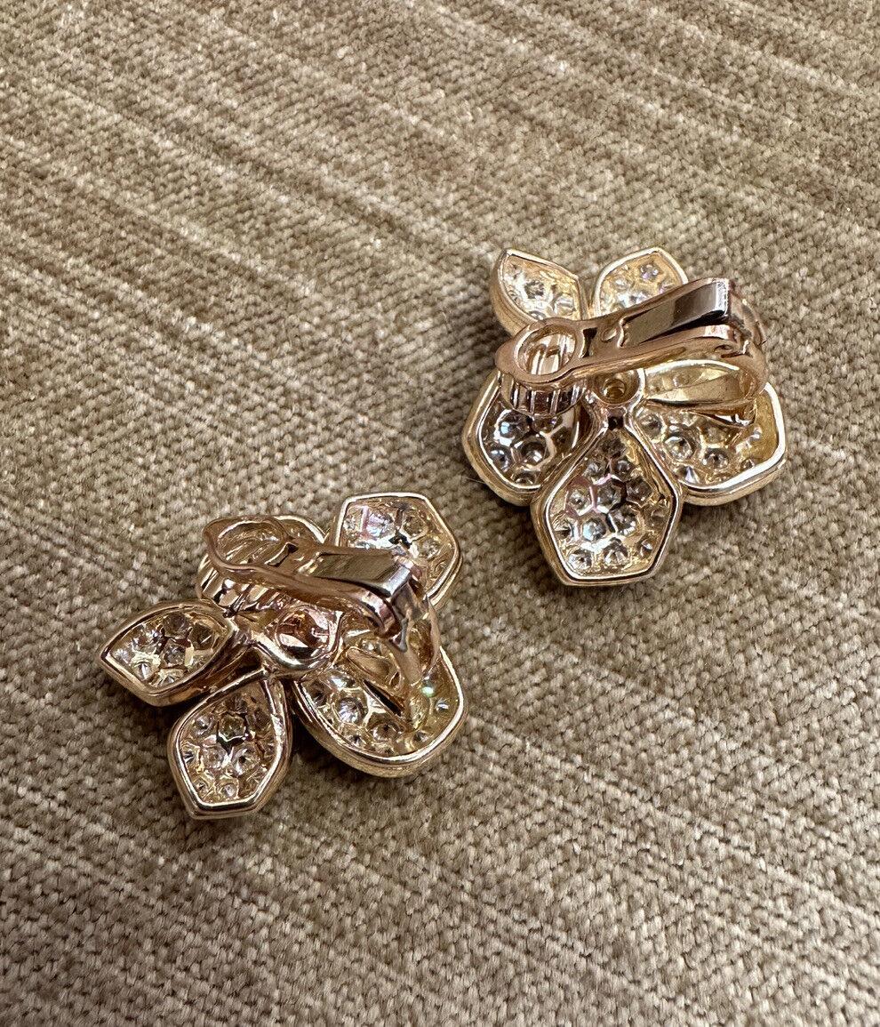 French GIA Pavé Diamond Asymmetrical Flower Earrings in 18k Yellow Gold For Sale 3