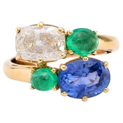French GIA Sapphire & GIA Diamond Emerald 18K Toi Et Moi Ring