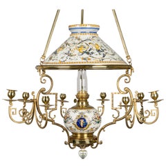 Antique French Gien Faience and Brass Oil Lamp Chandelier