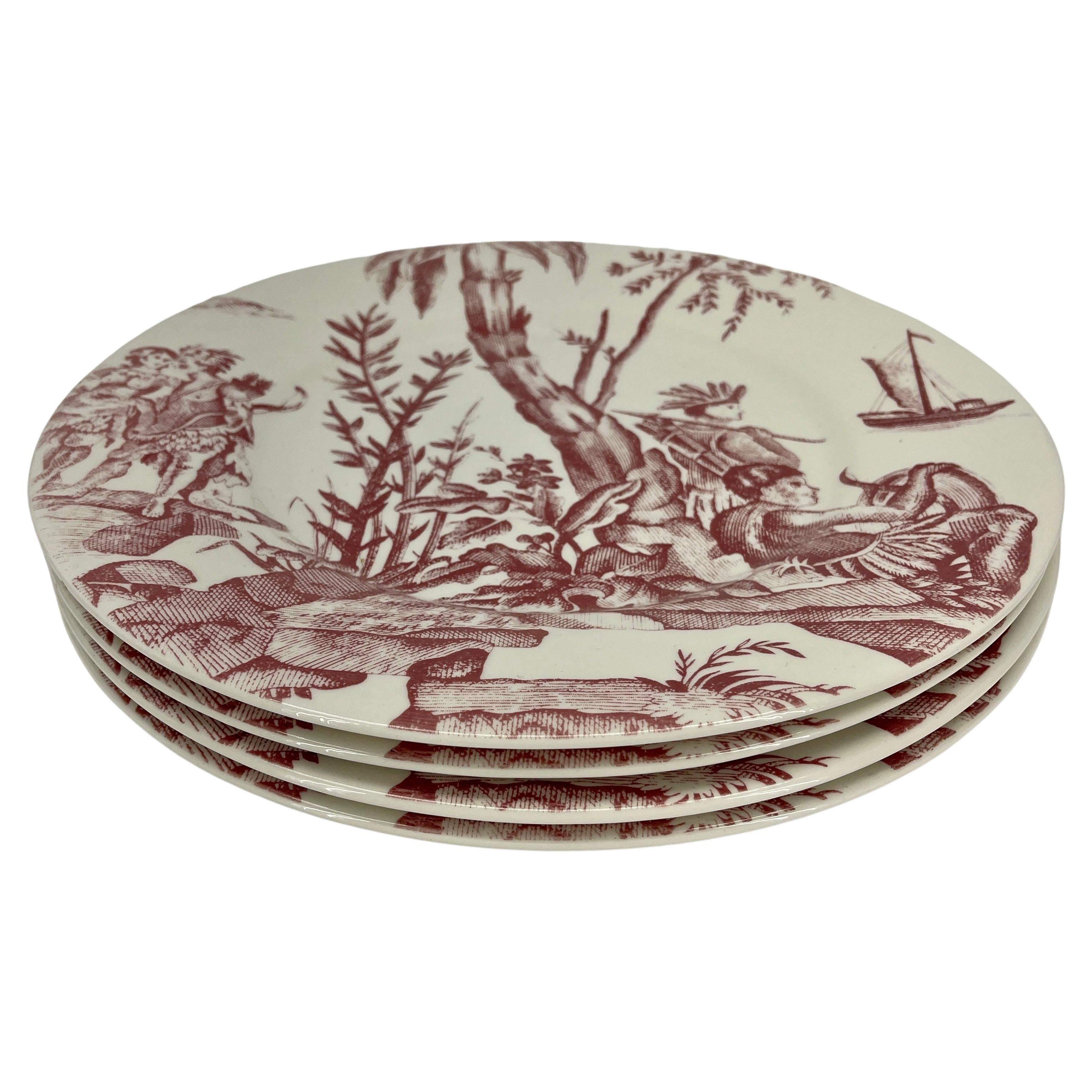 Porcelain French Gien Lafayette Set of 4 Red Charger Plates Pierre Deux For Sale