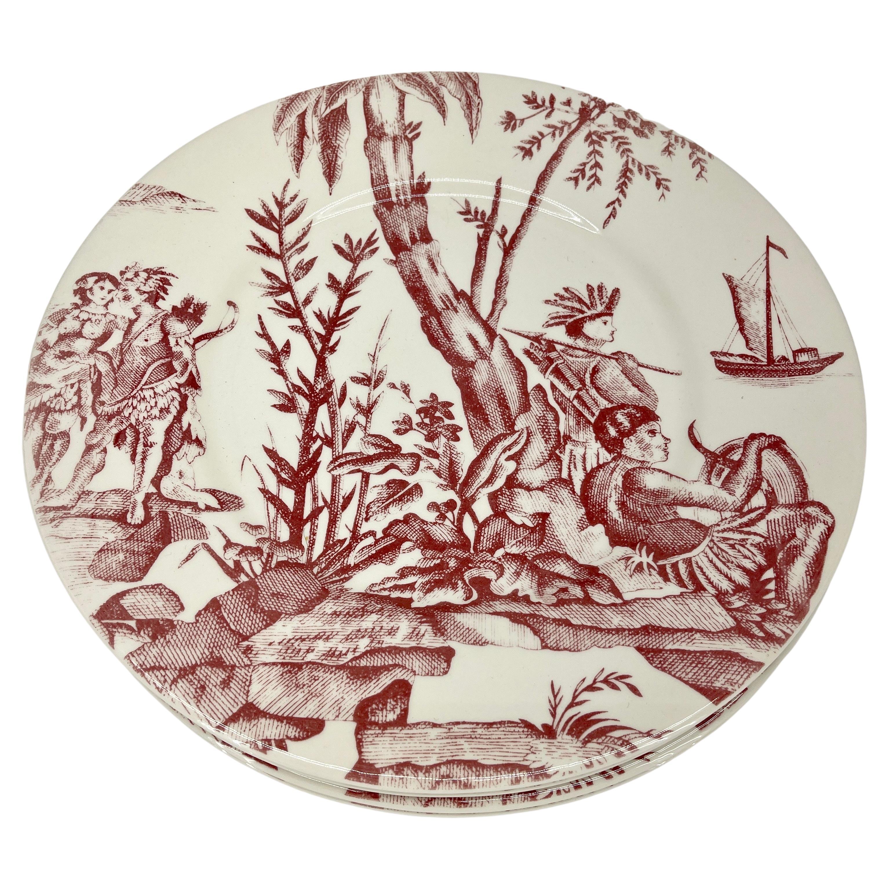 French Gien Lafayette Set of 4 Red Charger Plates Pierre Deux For Sale 2