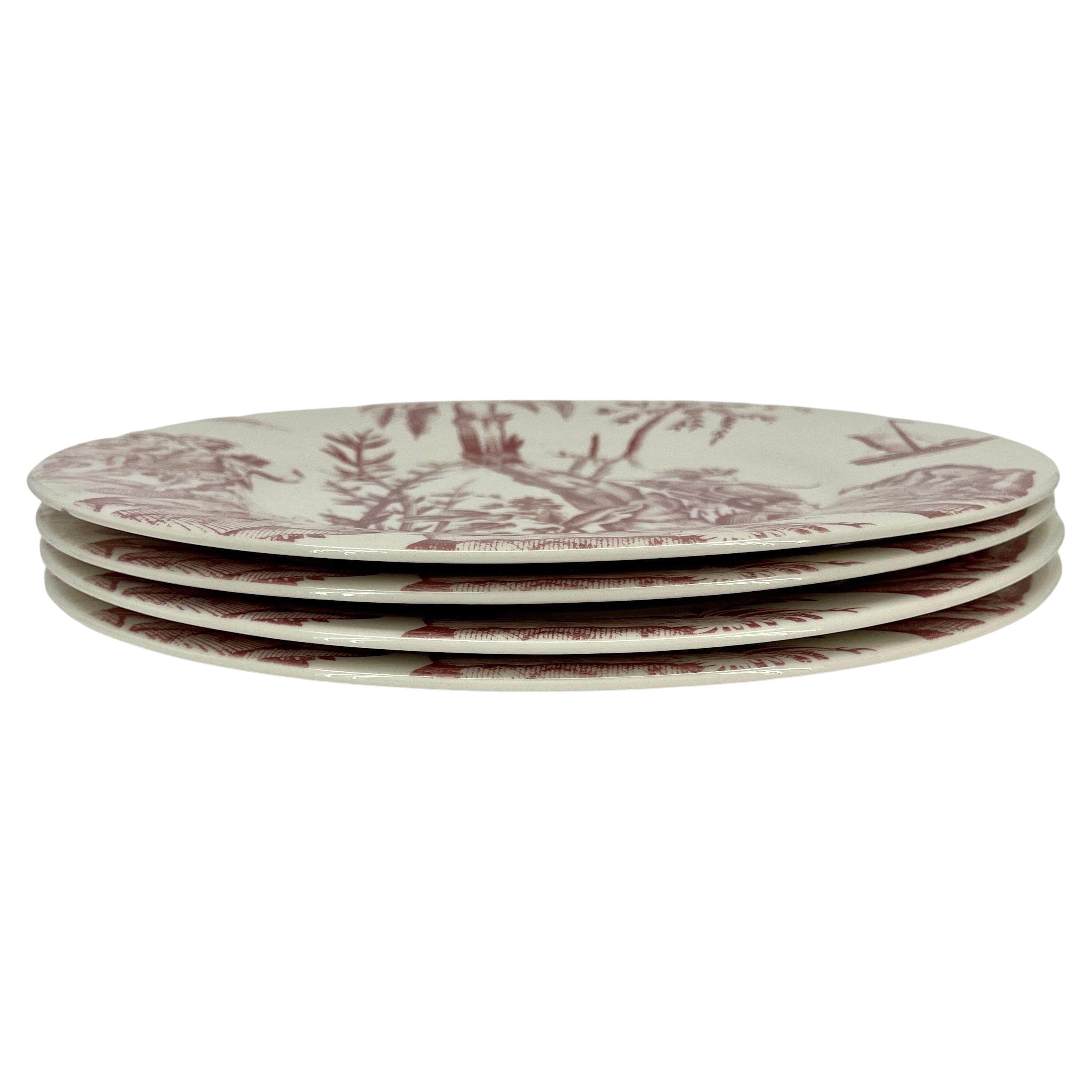 Porcelain French Gien Lafayette Set of 4 Red Charger Plates Pierre Deux For Sale
