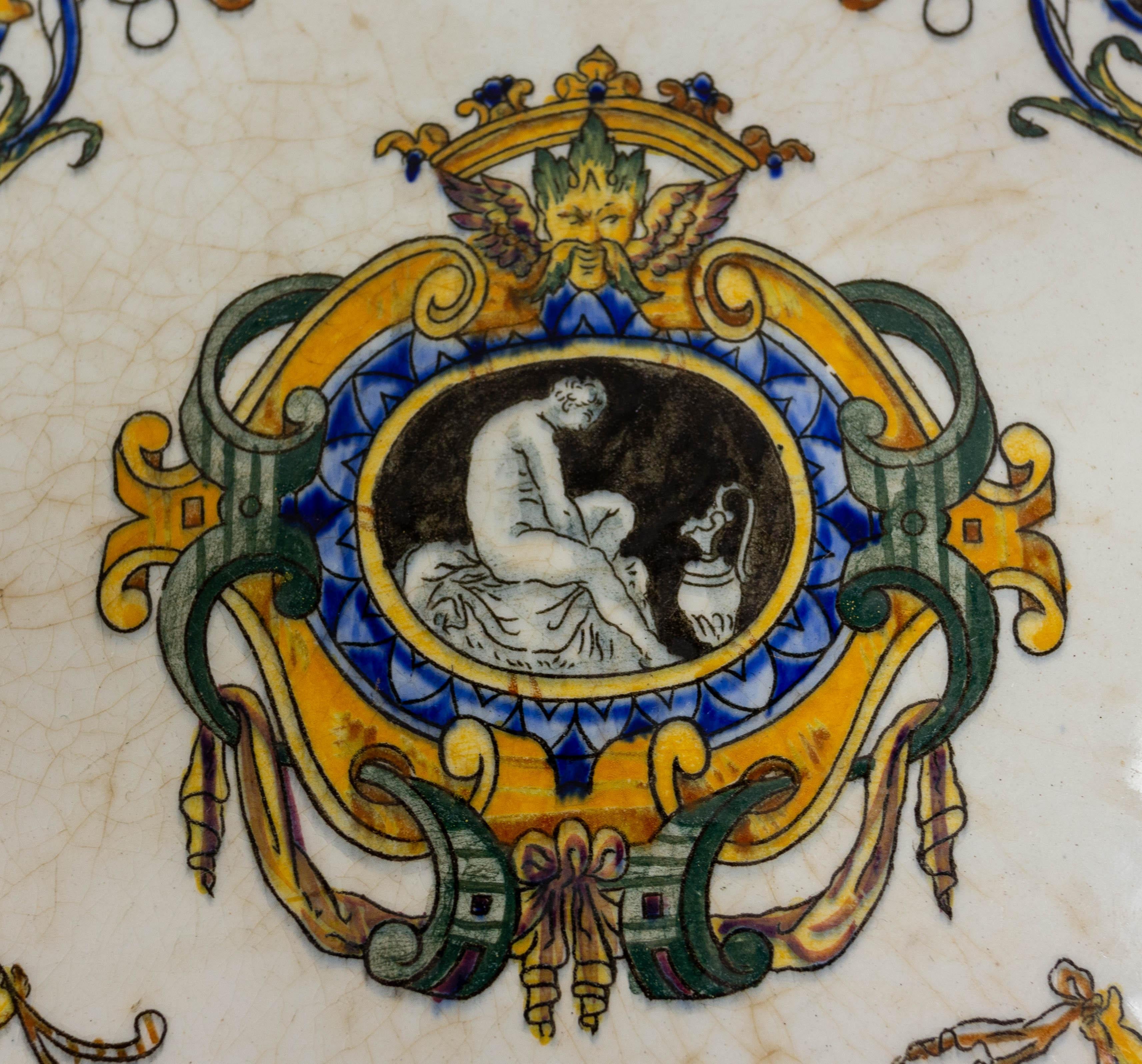 French Gien Porcelain Trivet or Coaster Antique Scene, Late 19th Century For Sale 1