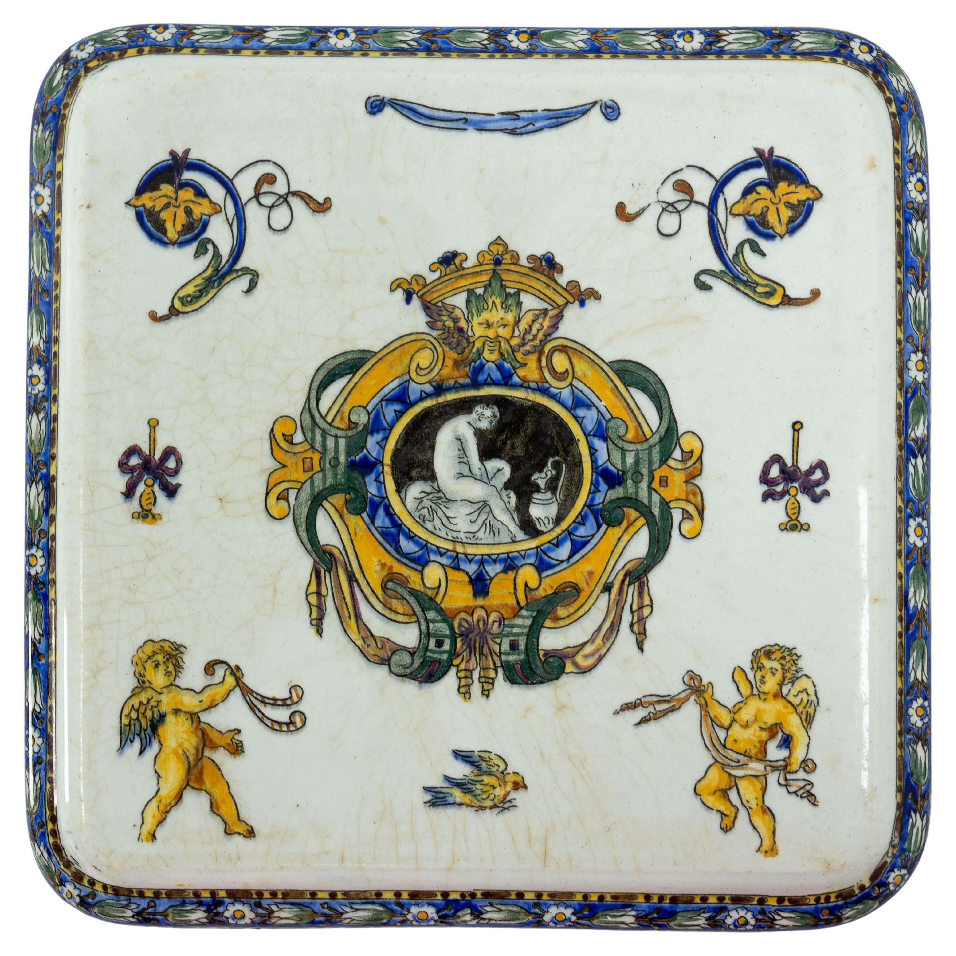 French Gien Porcelain Trivet or Coaster Antique Scene, Late 19th Century For Sale