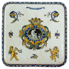 Antike französische Gien-Porzellanbesatz- oder Untersetzer-Szene, spätes 19. Jahrhundert