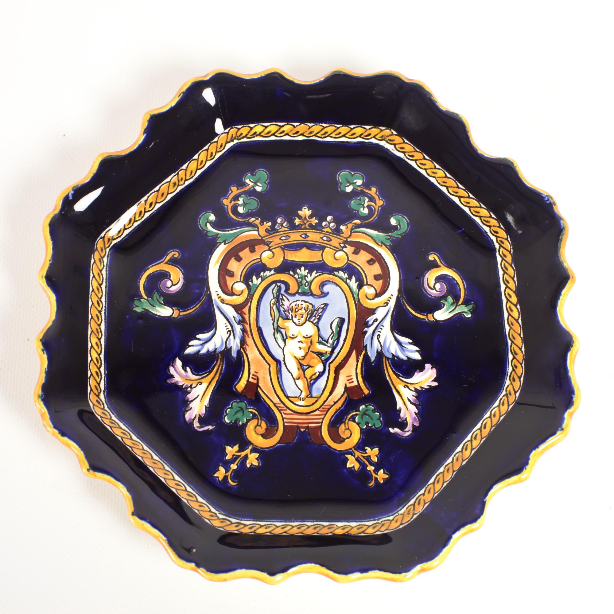 Hand-Crafted French Gien Renaissance Hand Painted Porcelain or Faience Hanging Plate For Sale