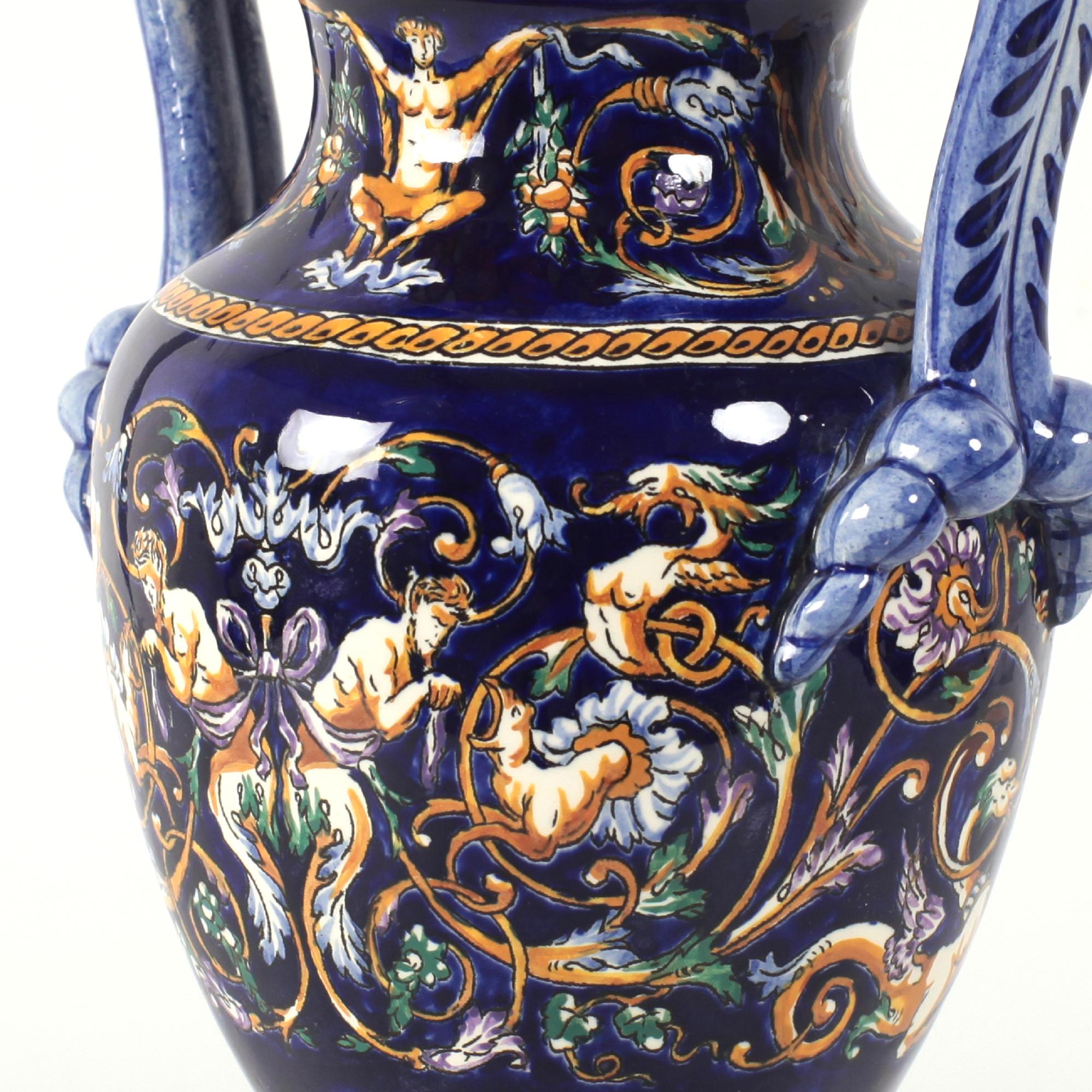 French Gien Renaissance Hand Painted Porcelain or Faience Vase with Handles For Sale 9