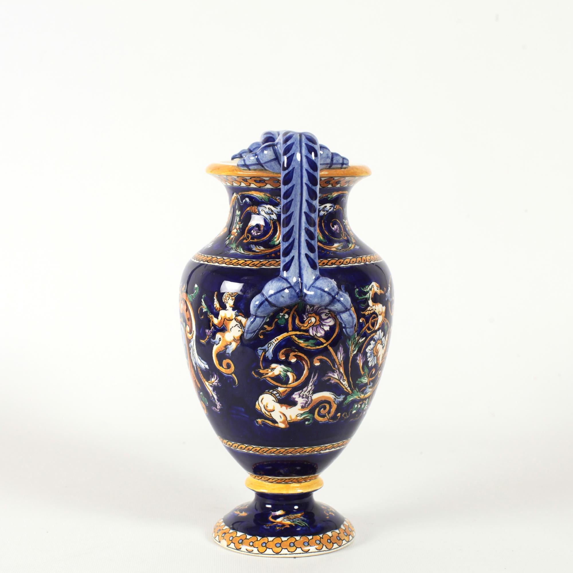 Renaissance Revival French Gien Renaissance Hand Painted Porcelain or Faience Vase with Handles For Sale