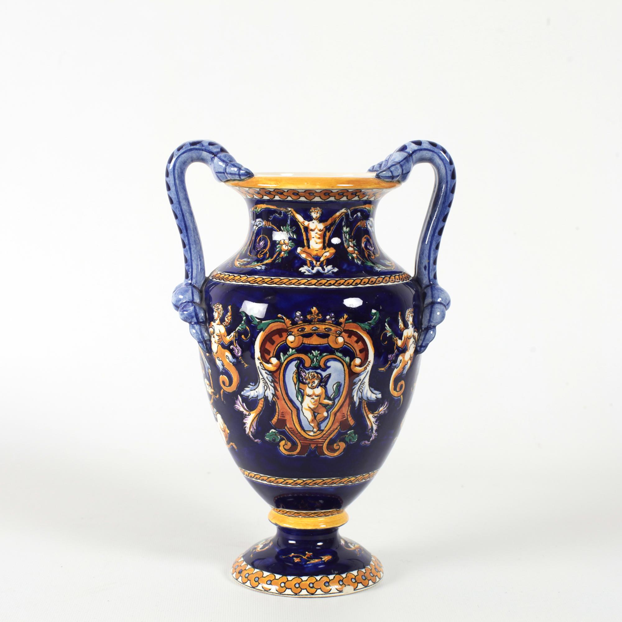 Hand-Crafted French Gien Renaissance Hand Painted Porcelain or Faience Vase with Handles For Sale