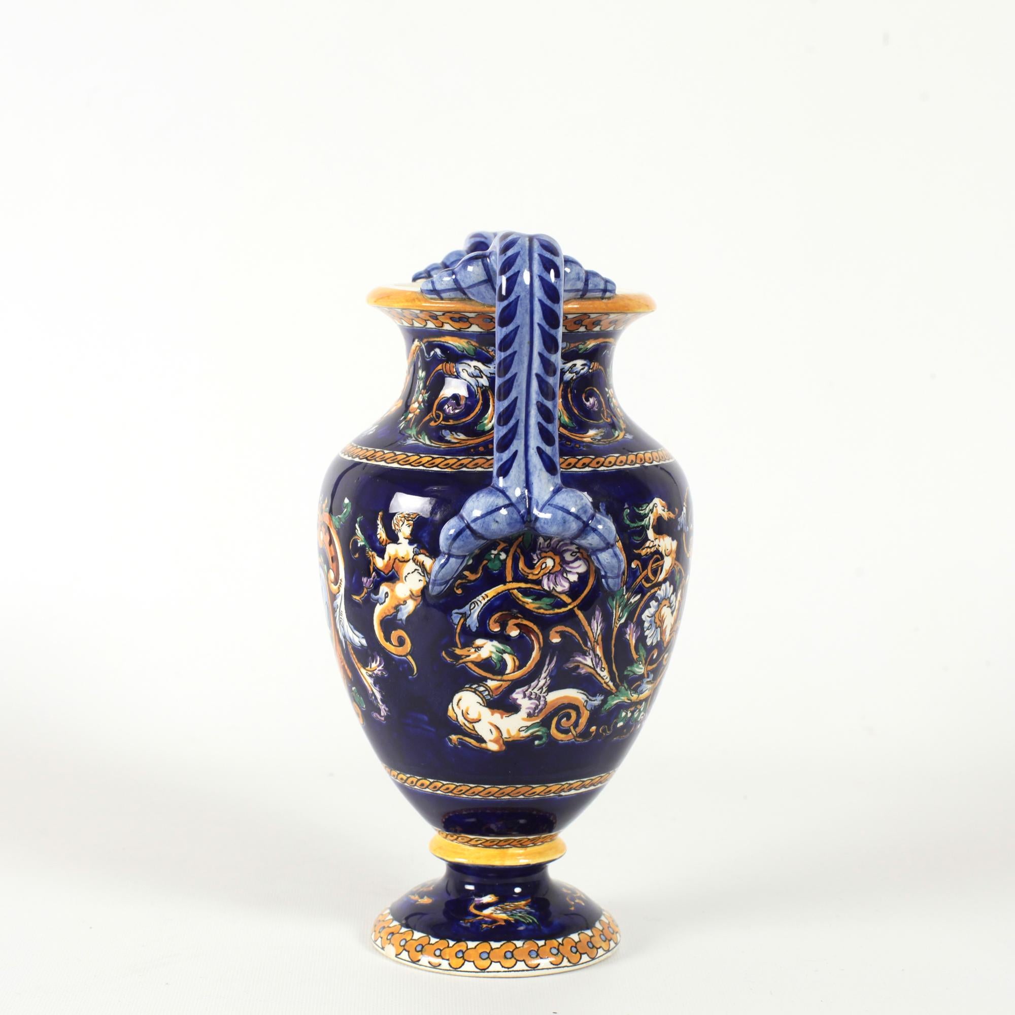 French Gien Renaissance Hand Painted Porcelain or Faience Vase with Handles In Good Condition For Sale In Saint  Ouen, FR