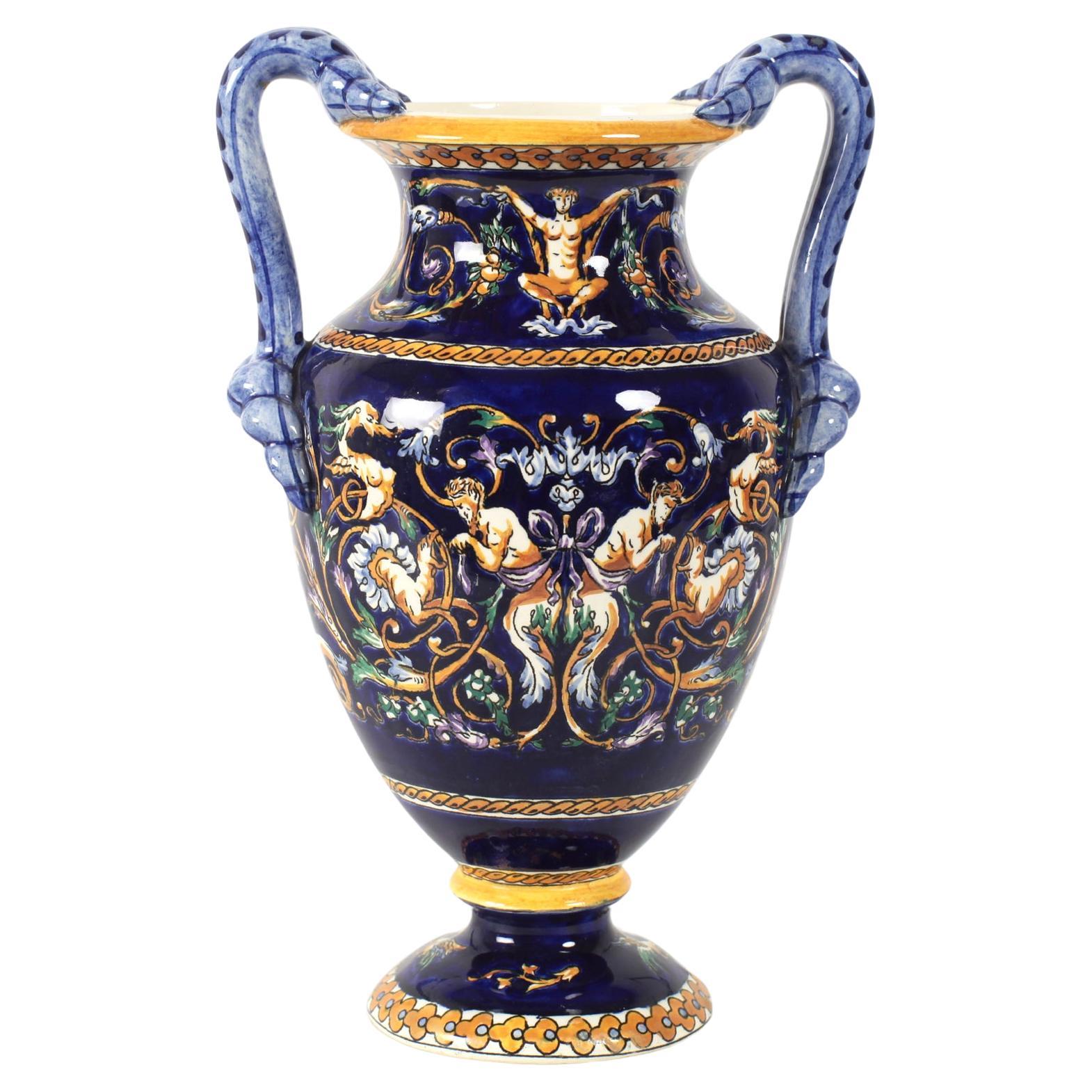 French Gien Renaissance Hand Painted Porcelain or Faience Vase with Handles For Sale