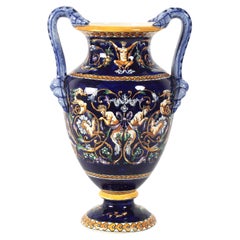 French Gien Renaissance Hand Painted Porcelain or Faience Vase with Handles