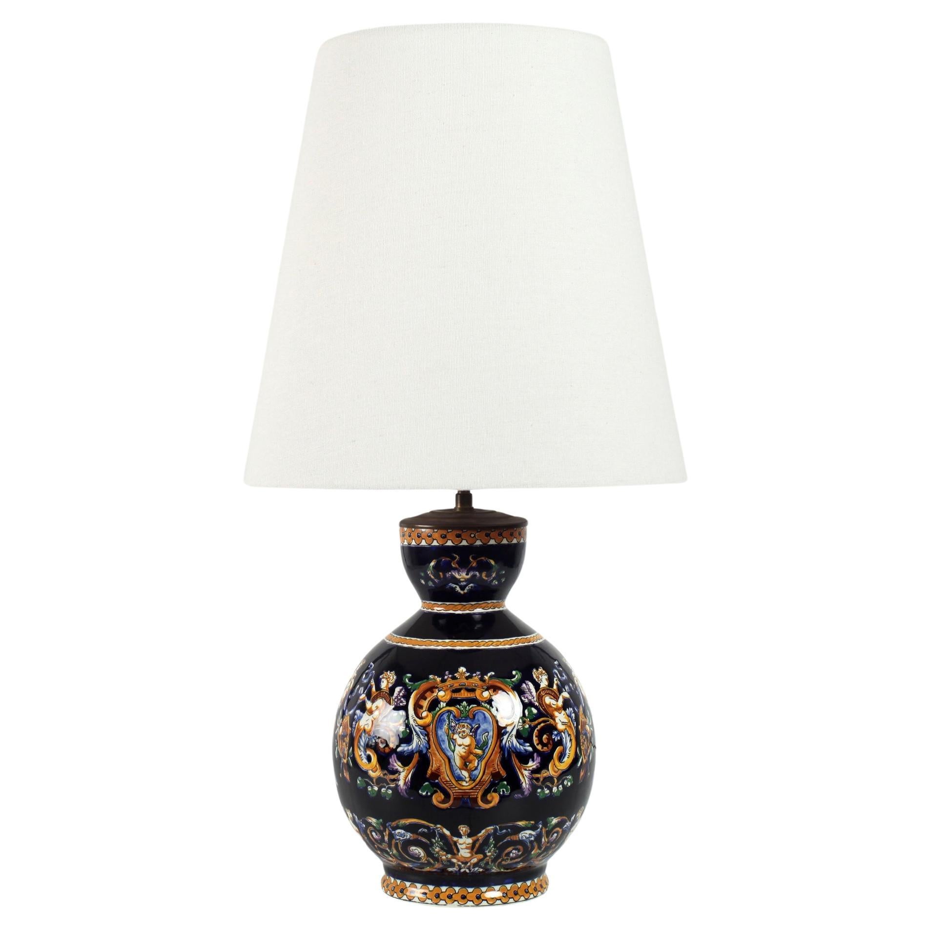 Lampe de table française de la Renaissance Gien peinte à la main