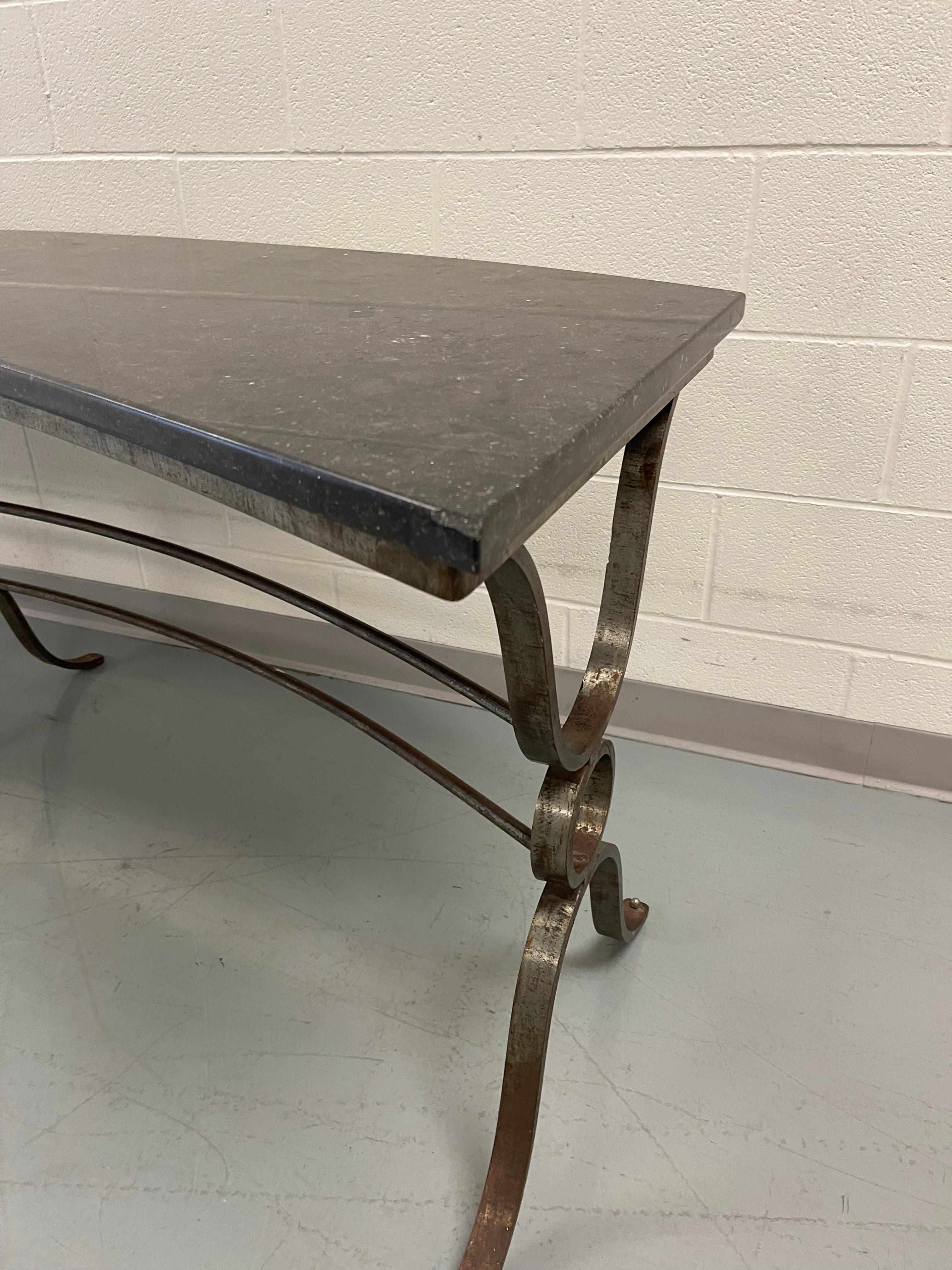 French Gilbert Poillerat Style Large Marble & Wrought Iron Curved Console Table In Good Condition In Stamford, CT