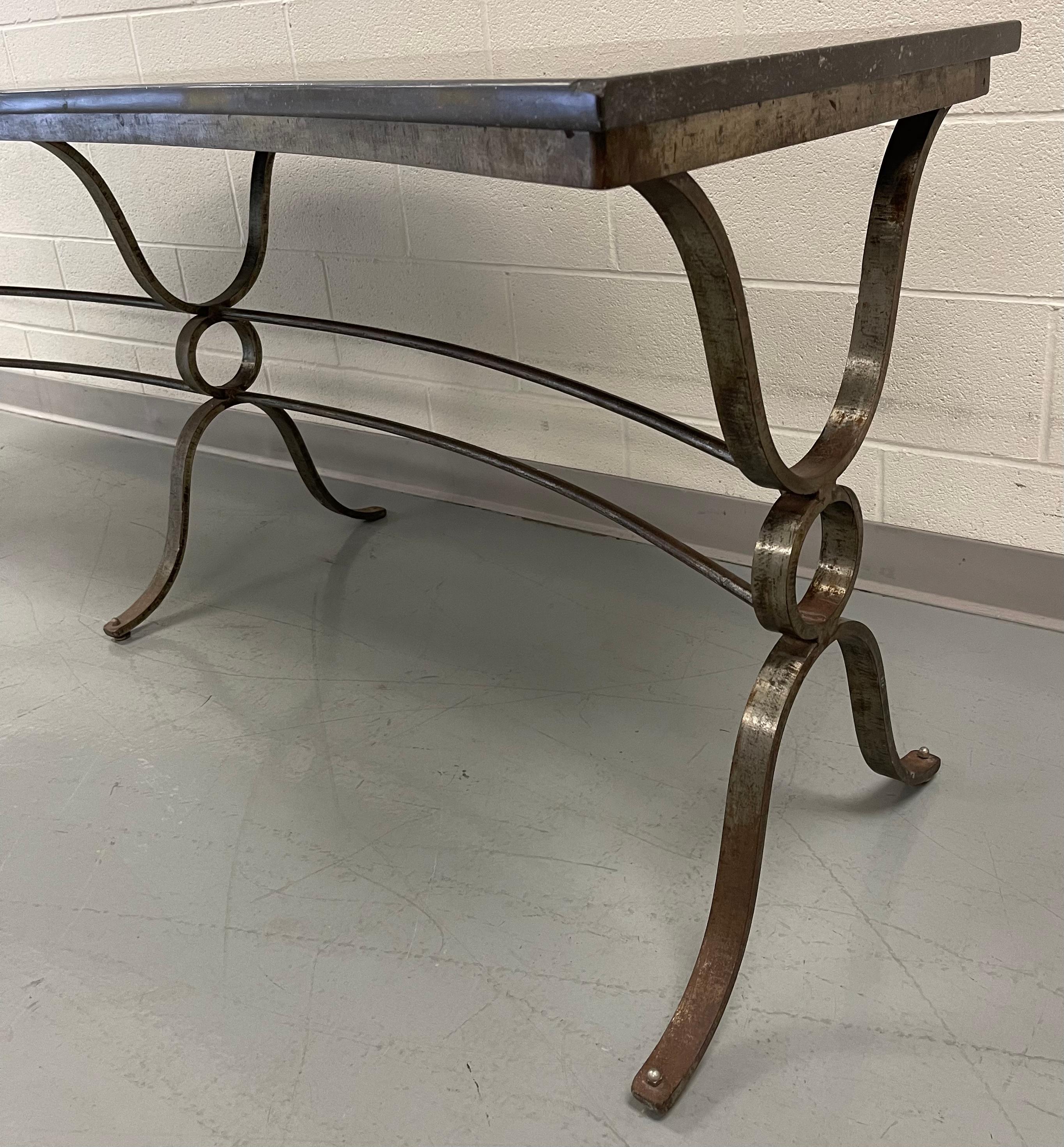 French Gilbert Poillerat Style Large Marble & Wrought Iron Curved Console Table For Sale 2