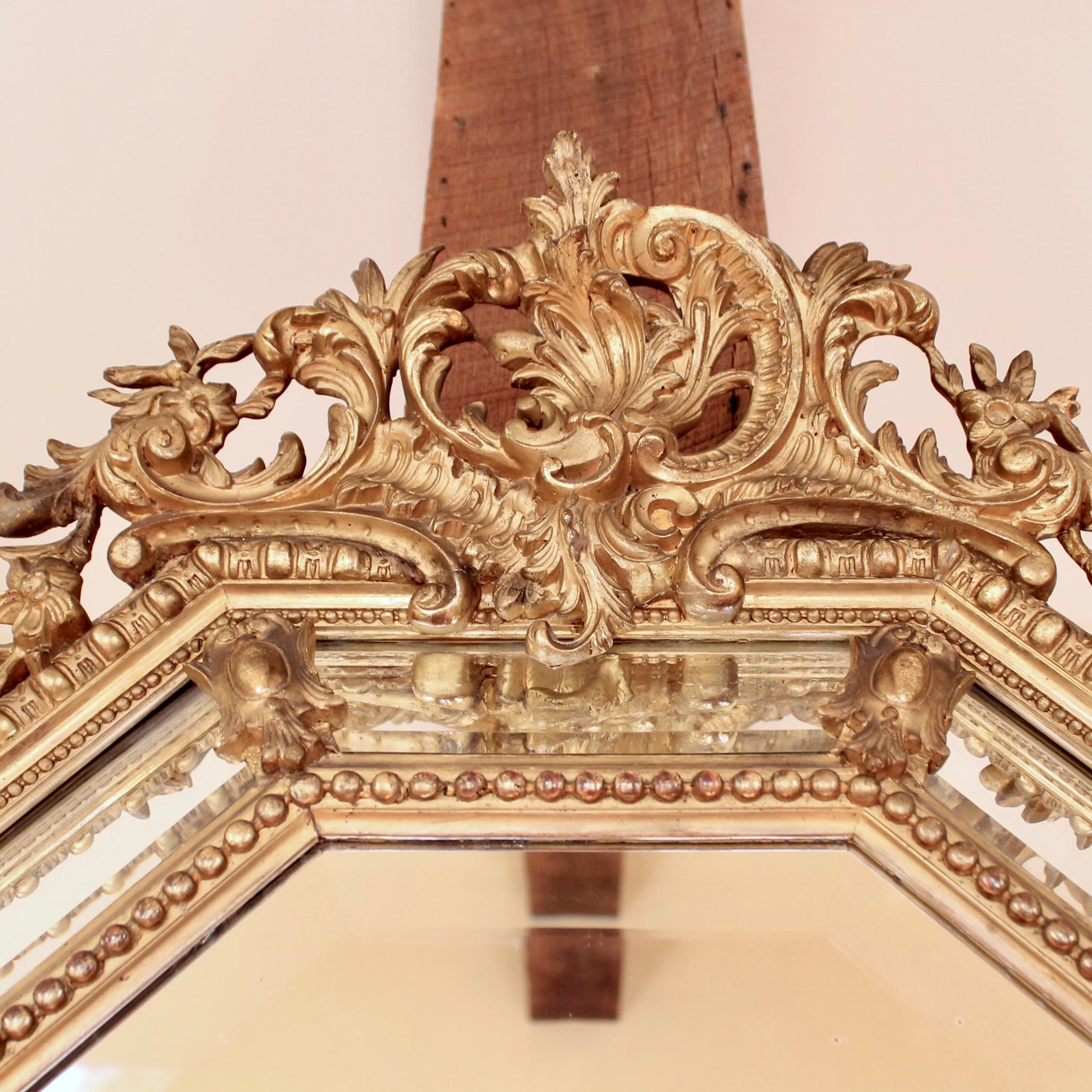 Rococo Revival French Gilded Belle Époque Borderglass Cushion Mirror For Sale