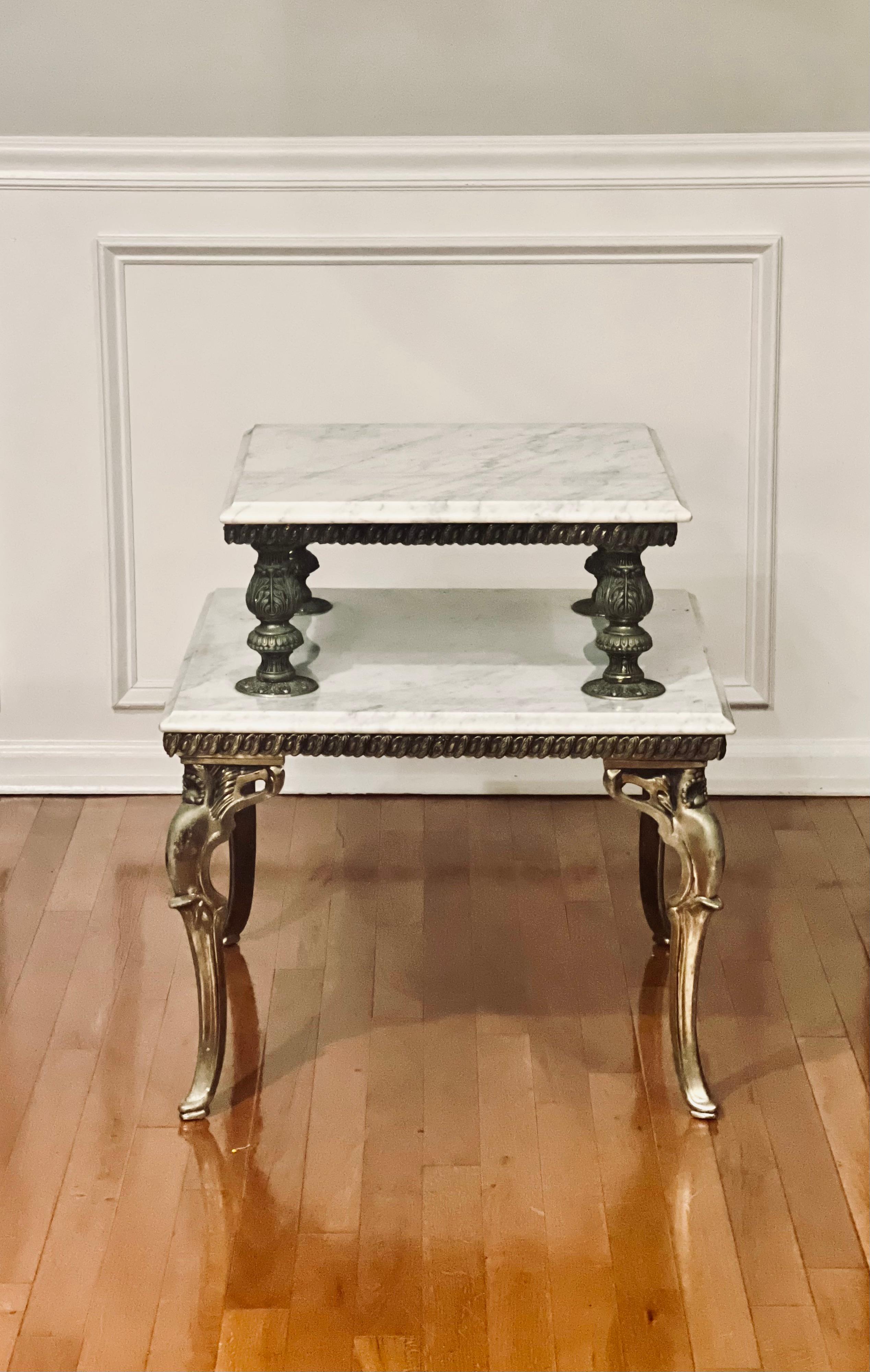 Mid-20th Century French Gilded Brass and Carrera Marble Two Tier Side Table For Sale