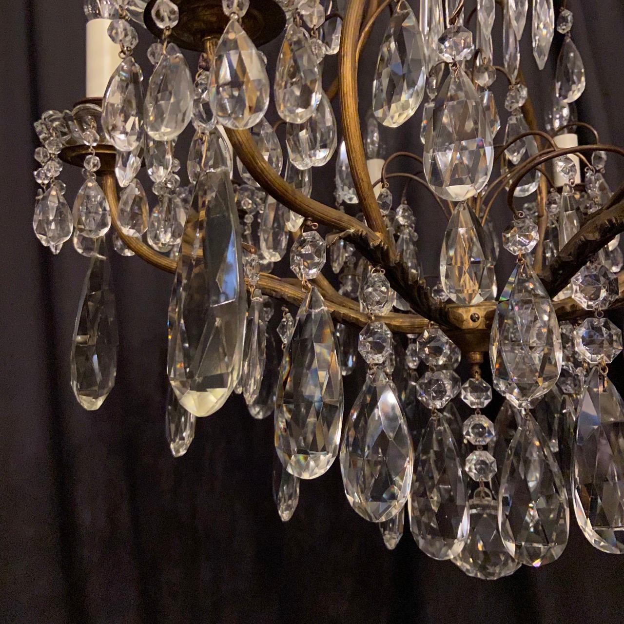 Gilt French Gilded Brass and Crystal 9-Light Antique Chandelier For Sale