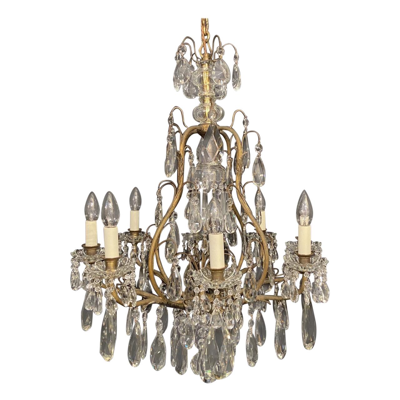 French Gilded Brass and Crystal 9-Light Antique Chandelier For Sale
