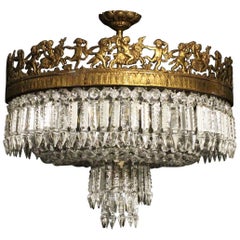 French Gilded Bronze and Crystal Six-Light Antique Plaffonier