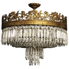French Gilded Bronze and Crystal Six-Light Antique Plaffonier