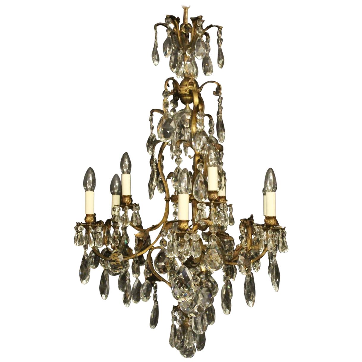 French Gilded Bronze & Crystal 10 Light Birdcage Antique Chandelier