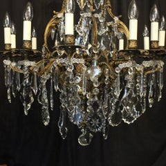 French Gilded Bronze & Crystal 12 Light Birdcage Antique Chandelier
